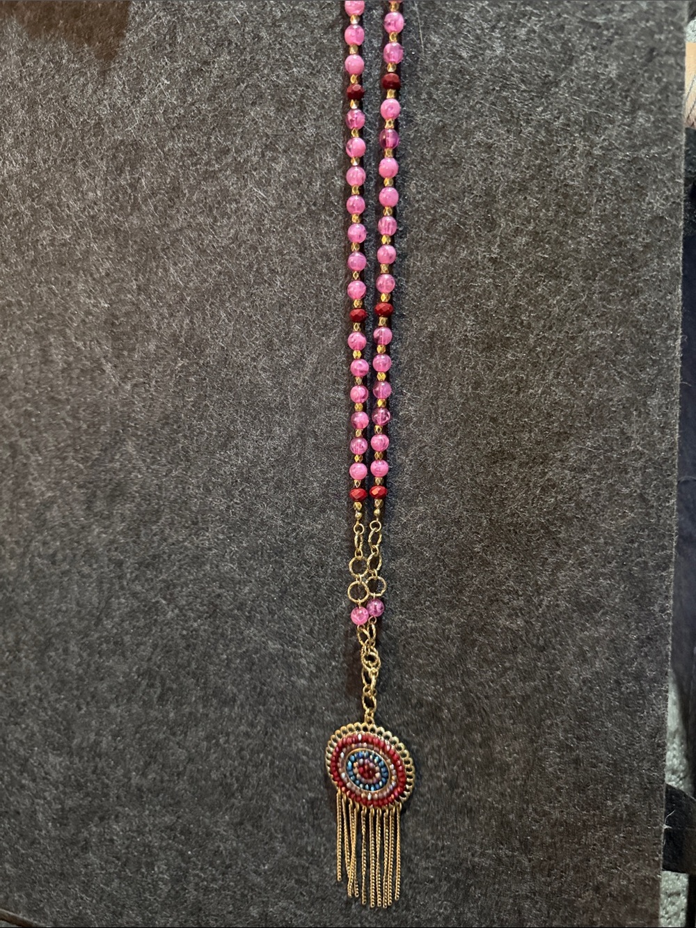 Handcrafted Pink Beaded Fringe Pendant Necklace
